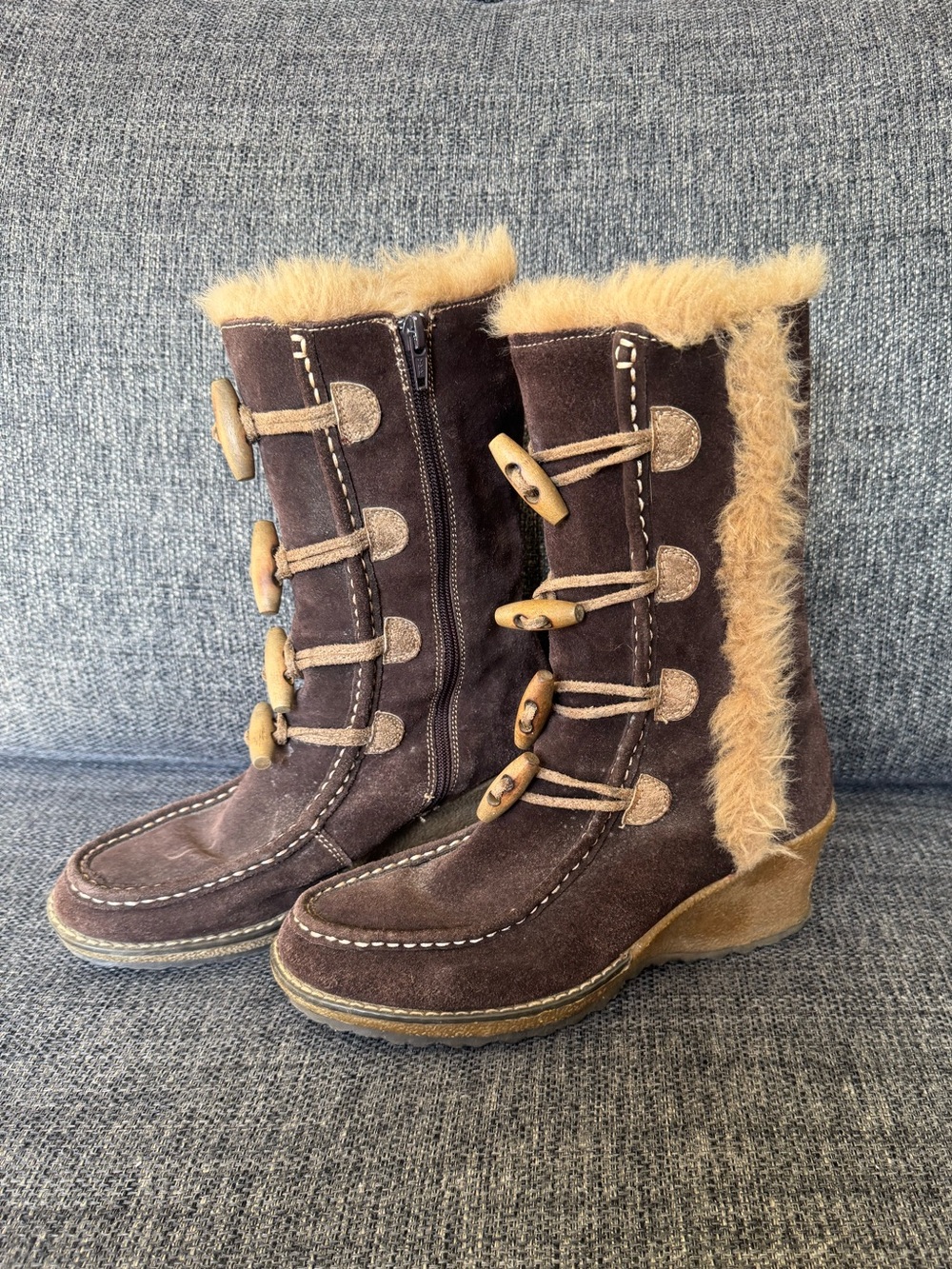 Y2K B.U.M Equipment Wedge Brown Suede Faux Fur Trim Winter Boots